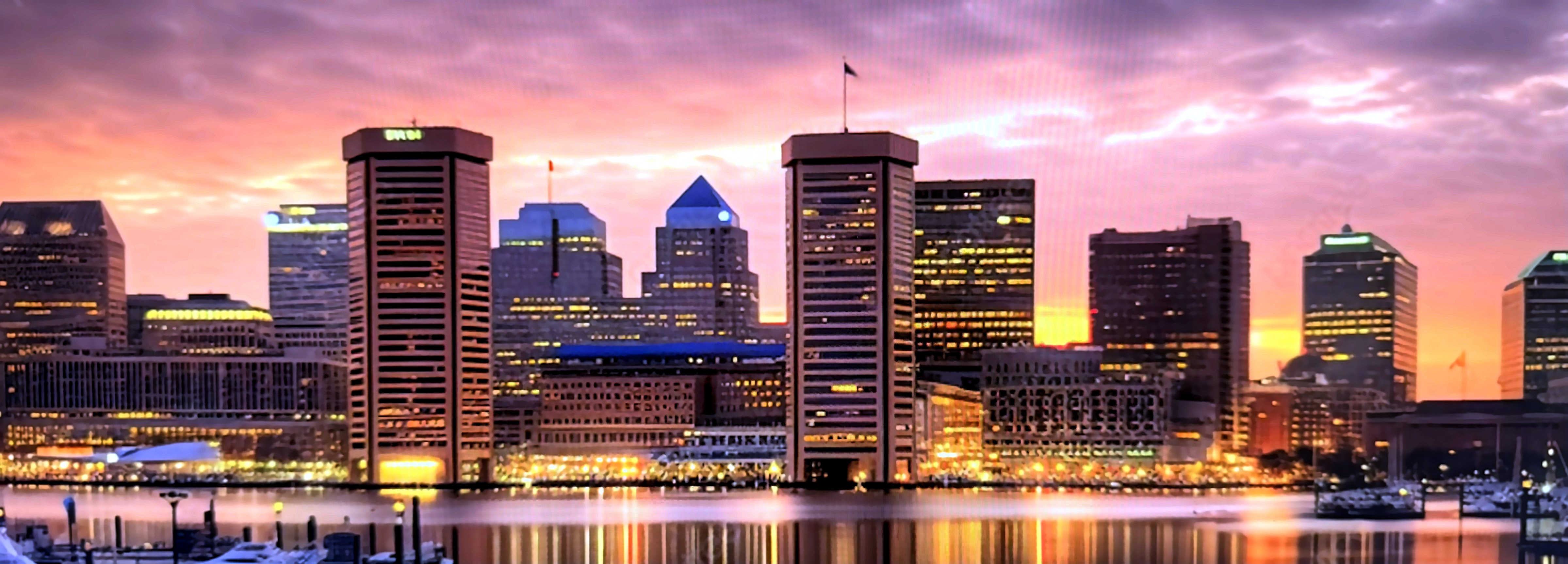 Baltimore Inner Harbor skyline at sunset